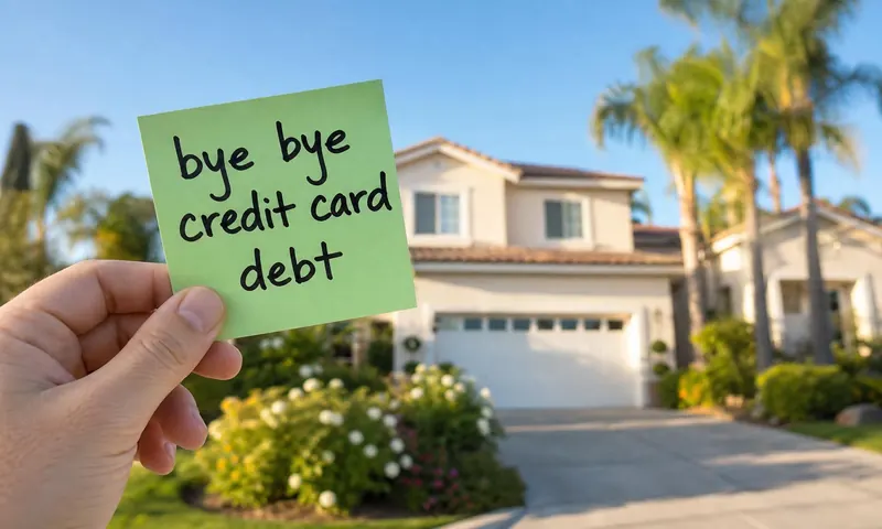 Hand holding a green sticky note saying bye bye credit card debt in front of a California home